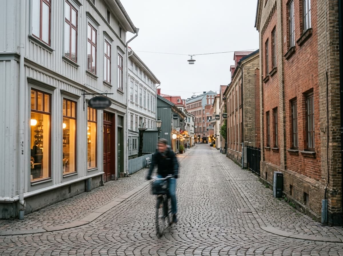 Cobblestone street in Haga, Gothenburg, with a cyclist passing lit café windows