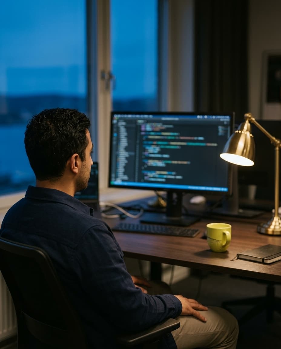 A developer at his desk at dusk, code on screen and a lime mug beside him