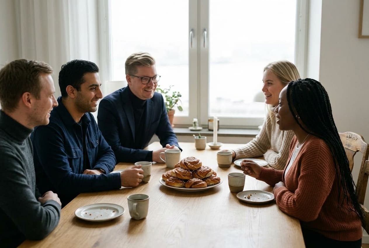 The team sharing coffee and cinnamon buns by a window