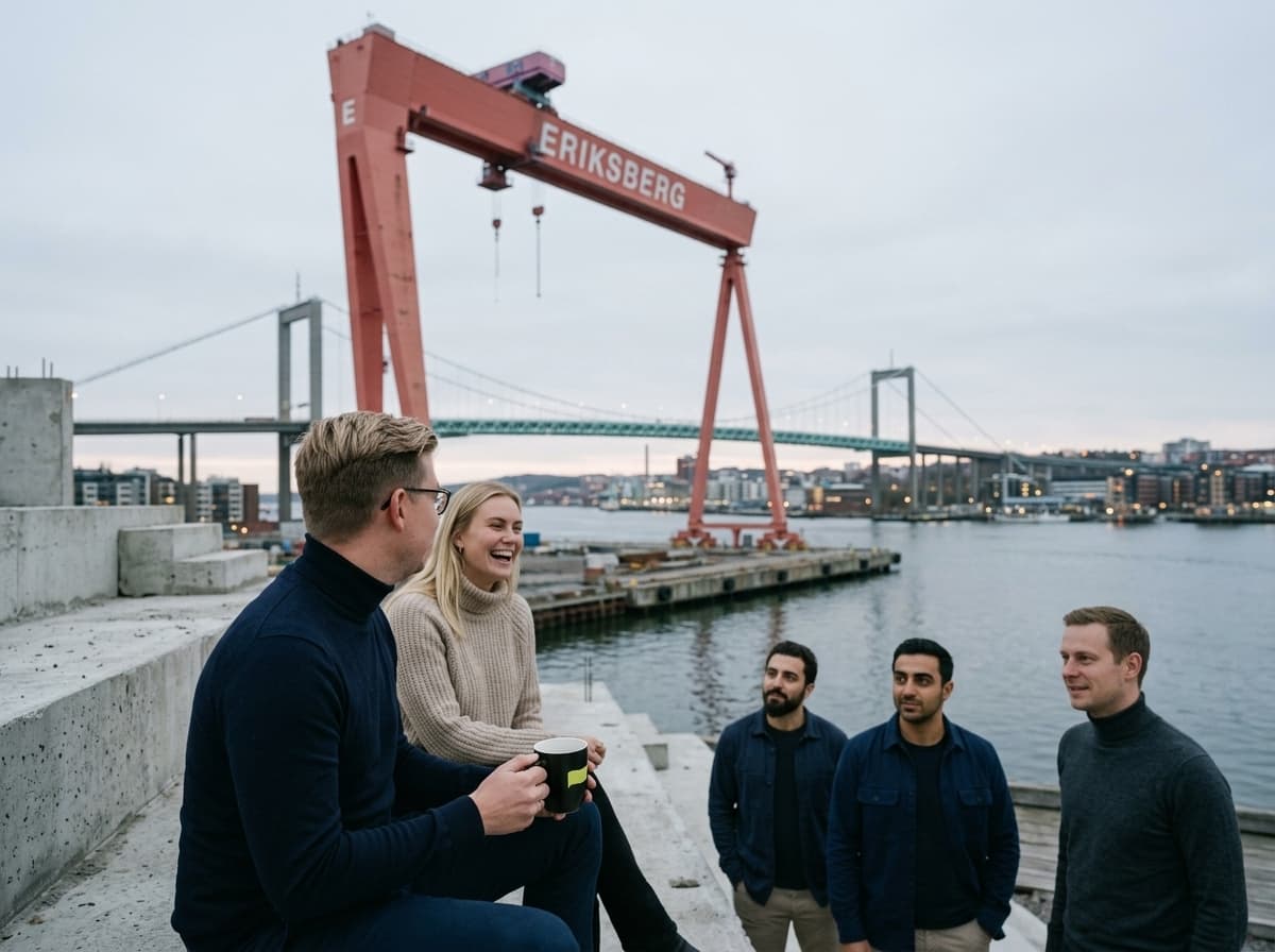 The Flagpool team by the water at Eriksberg with the Älvsborg Bridge behind them