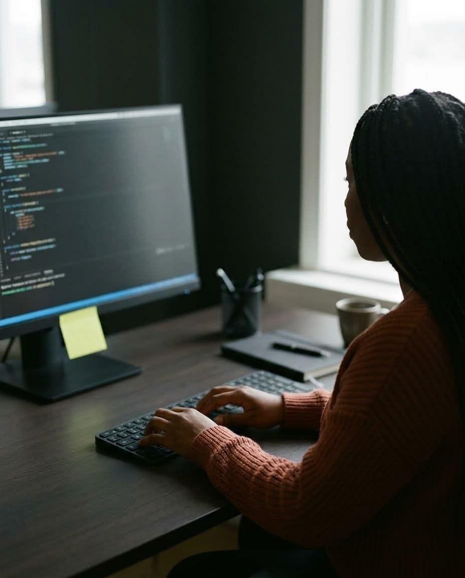 A Flagpool engineer typing at her desk
