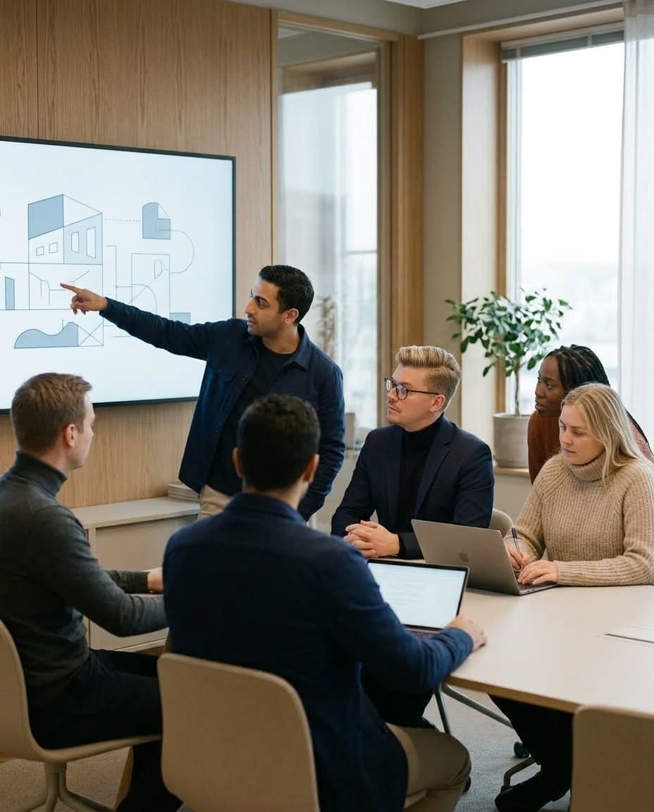 A team member pointing at an architecture sketch while colleagues listen