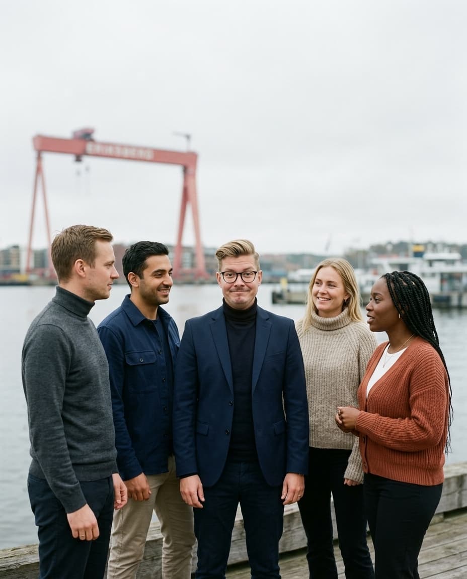 The Flagpool team on the Gothenburg waterfront with the Eriksberg crane behind them