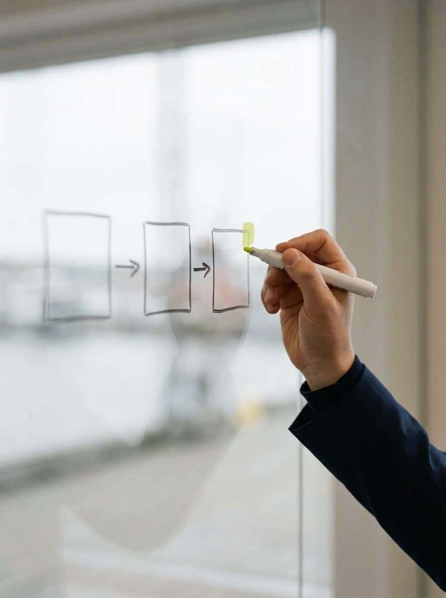 A hand sketching a rollout diagram on a glass wall