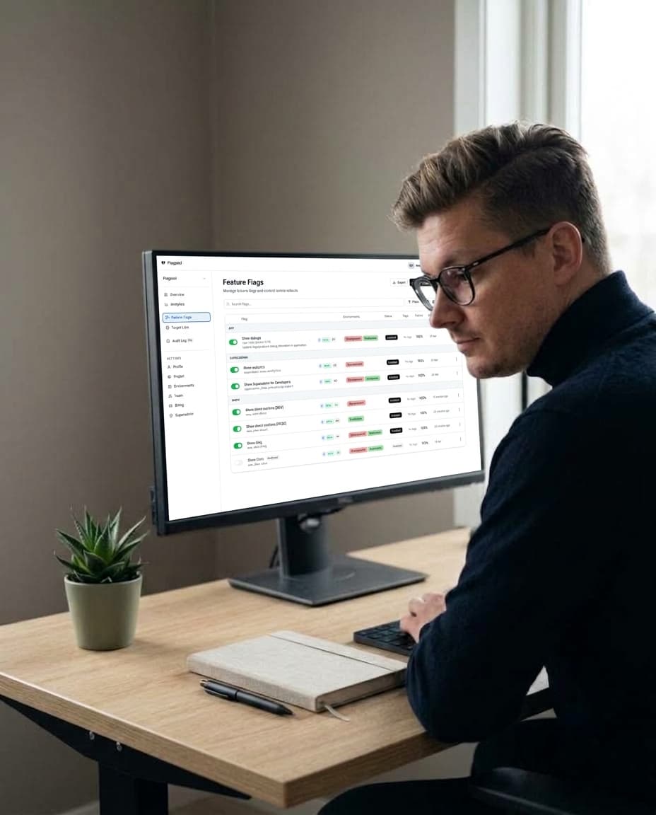 A minimal desk with one monitor showing Flagpool, a plant and a notebook