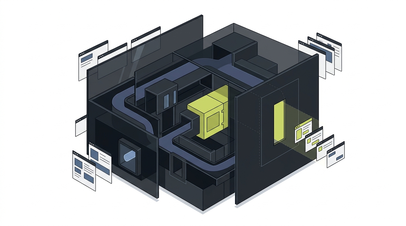 An application architecture with a new module behind a gate, illustrating deployed code hidden from users until release.