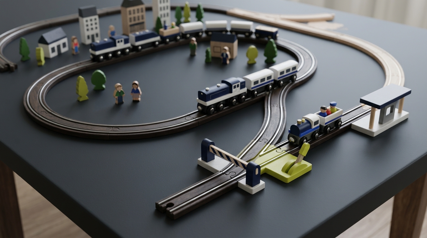 A model railway with a switch controlling access to a separate track, illustrating how release can be controlled independently of deployment.