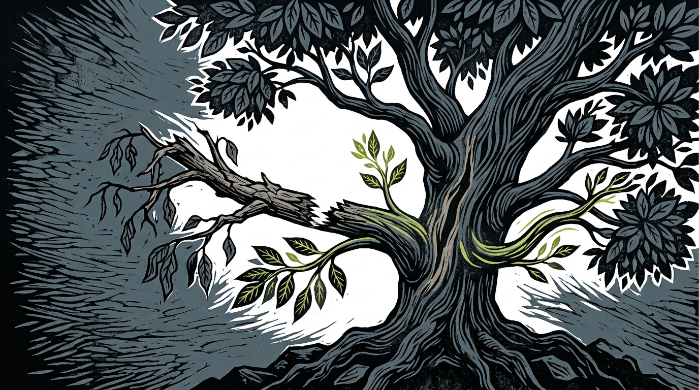 A tree with a broken branch alongside new growth, illustrating the fragility of long-lived feature branches.