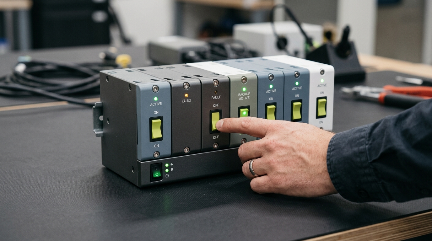 A hand operating a control panel with independent switches, illustrating runtime control over individual features.