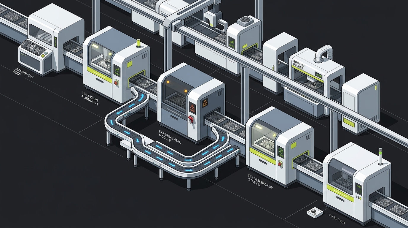 A production line bypassing an experimental module through a proven backup station, illustrating graceful fallback without stopping the whole system.