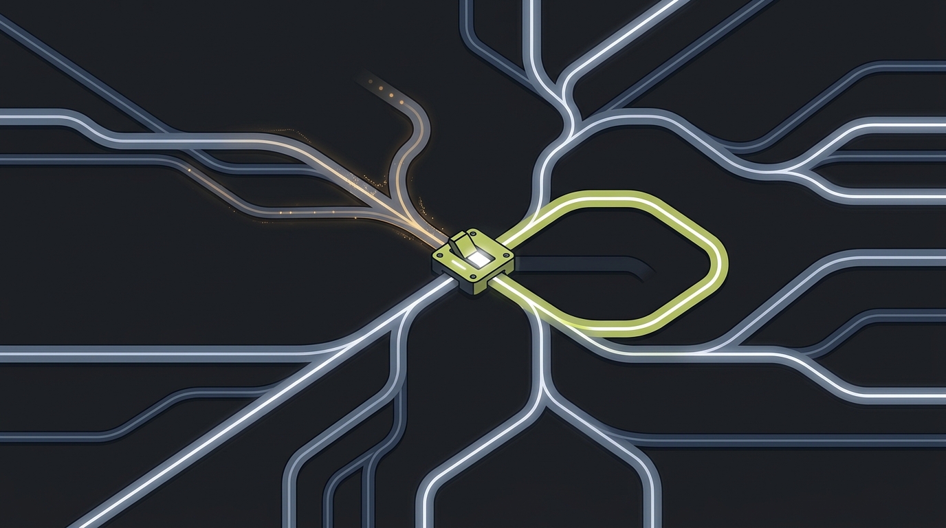 A switch routing flow around a damaged path while the surrounding routes remain intact, illustrating an emergency bypass.