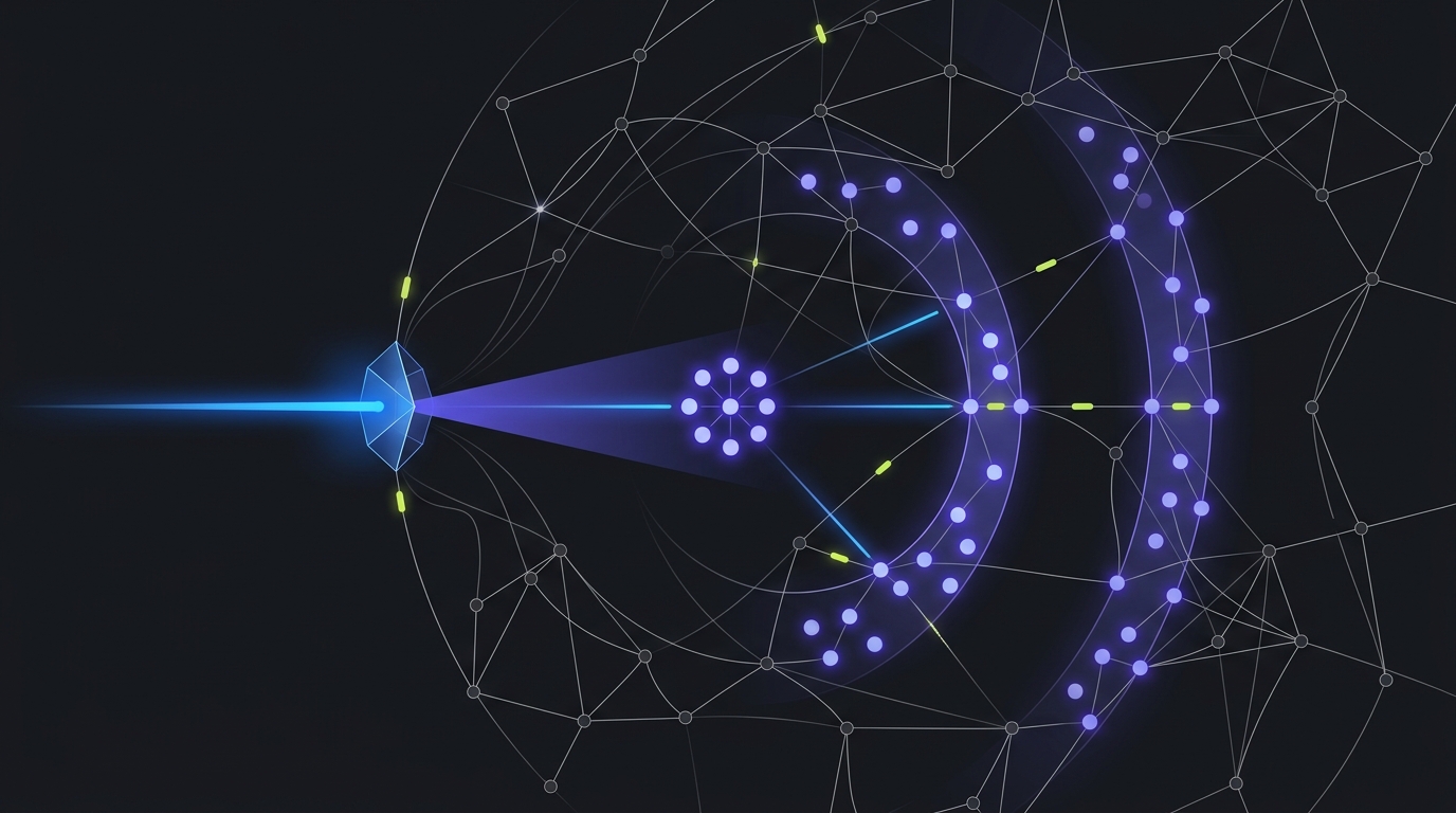 A beam directed toward selected groups of nodes in a larger network, illustrating targeted feature delivery to specific user segments.